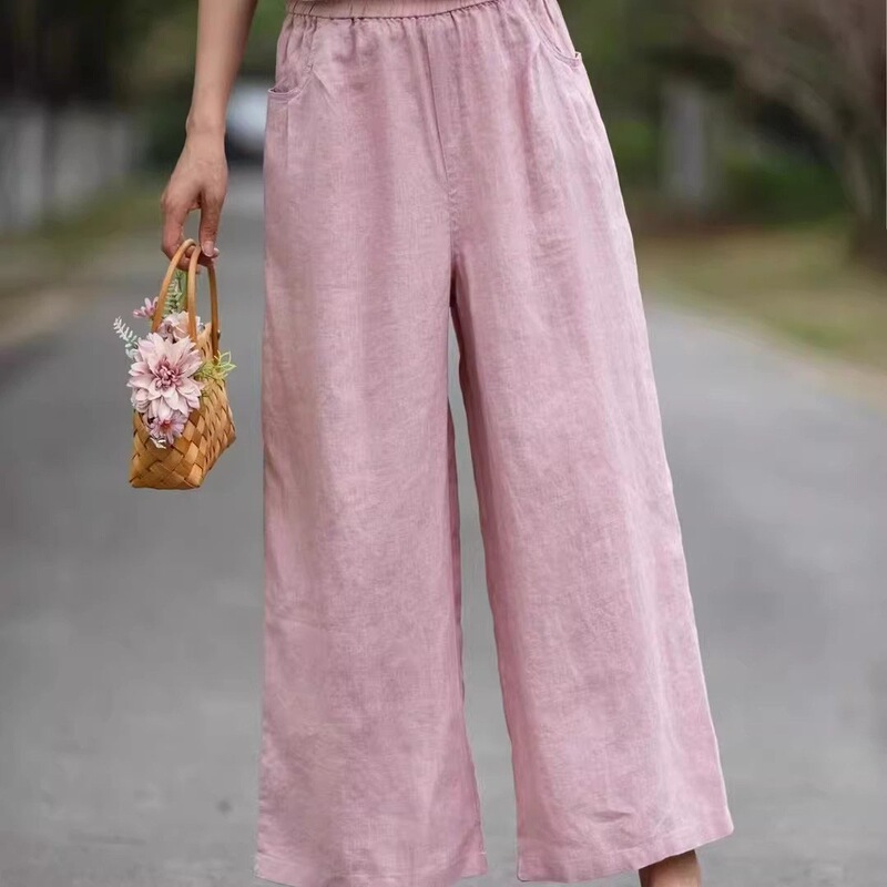 Cotton and Linen Thin High-Waisted Wide-Leg Pants for Women, Loose Fit, Slimming Straight-Leg Pants, Versatile Elastic Waist, Cropped Casual Pants for Women Cotton and Linen Thin High-Waisted Wide-Leg Pants for Women, Loose Fit, Slimming Straight-Leg Pants, Versatile Elastic Waist, Cropped Casual Pants for Women