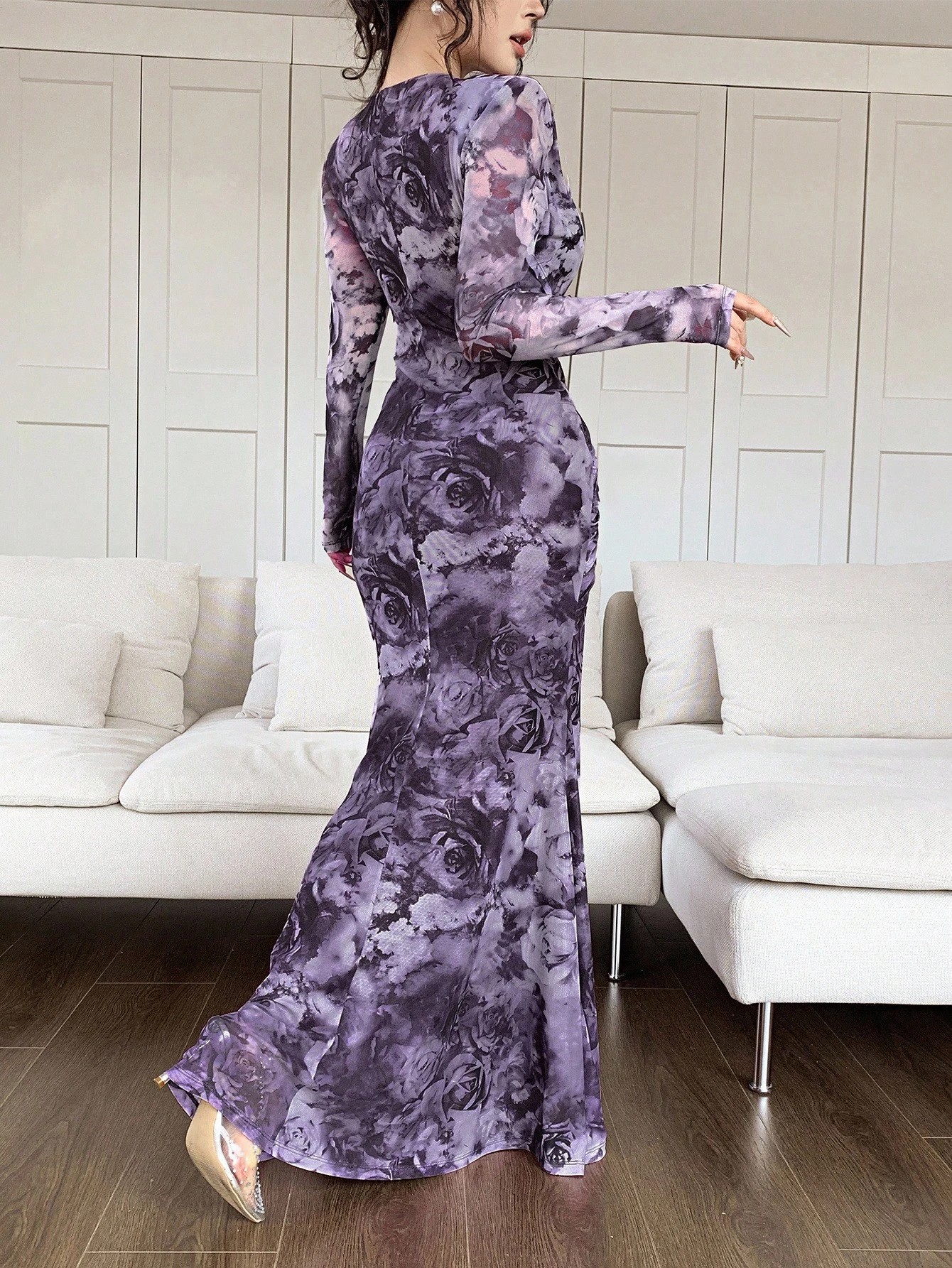 Summer Women's U Neck Long Sleeve Patchwork Slim Fit Printed Maxi Dress_ecoleips.com