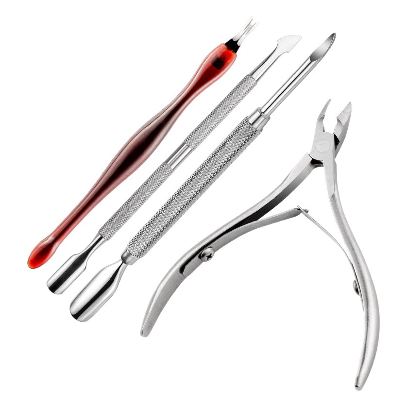 Fabricante en stock traje de herramientas de uñas de acero inoxidable tijeras de piel muerta de acero de doble cabeza de empuje de eliminación de uñas Cepilladora Archivo de piel muerta herramientas de reparación de uñas