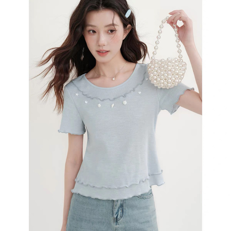 Round Neck Shell Short-Sleeved T-Shirt for Women in Summer with Unique Design and Beautiful Short Right Shoulder Top