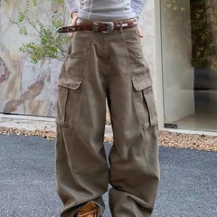 大きいサイズのアメリカの国の潮の大きいポケットは工装のジーパンの男女の高い街の復古のゆったりしている広脚のカジュアルなズボンを解体します。