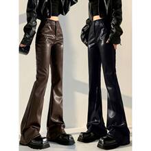 大码皮裤微喇叭裤女2025新款春秋季款高腰显瘦PU皮气质休闲拖地裤