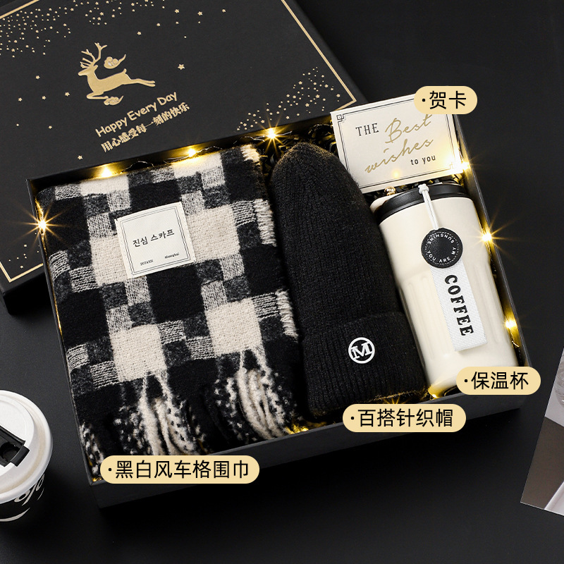 Black and white windmill plaid scarf❤Yulu has you gift box [package five]