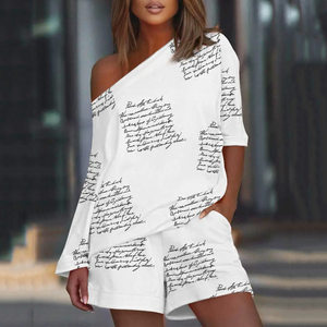 product - wholesale Summer Printed Diagonal Collar Long Sleeve Casual Loose Outfit Women - 1