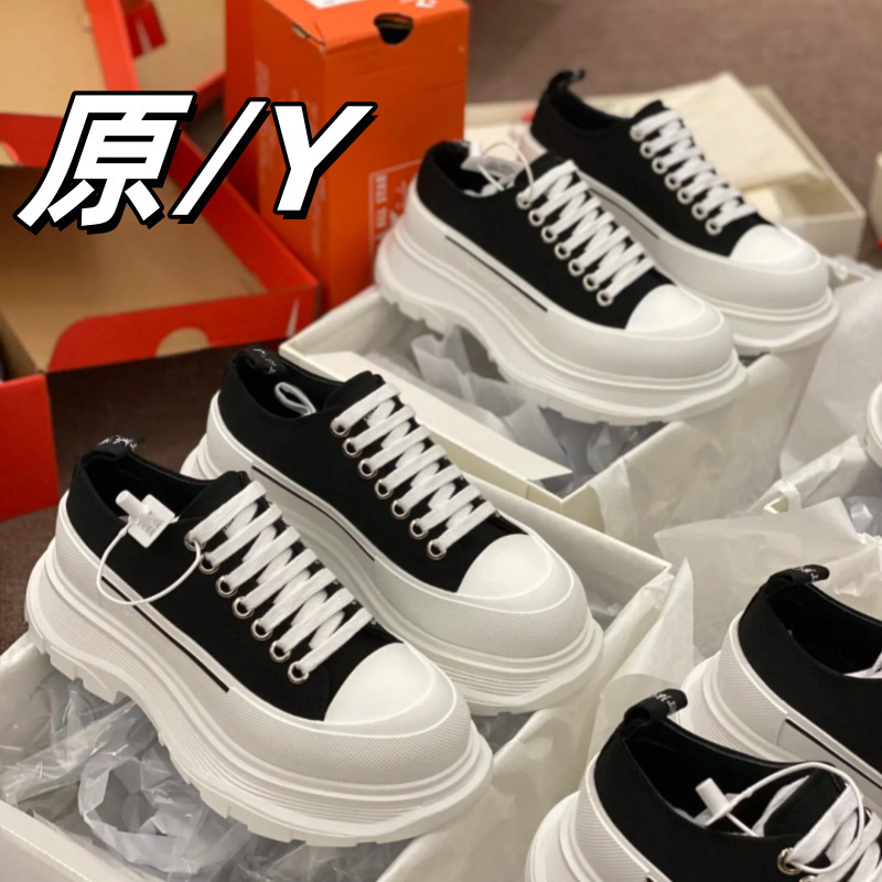 High-rise McQueen Canvas Shoes Women's 2024 Spring New High-rise McQueen Platform Sports All-match Casual Lace-up Canvas Shoes