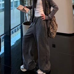 灰色条纹阔腿裤女秋冬宽松慵懒风直筒垂感糯米裤美式抽绳运动卫裤