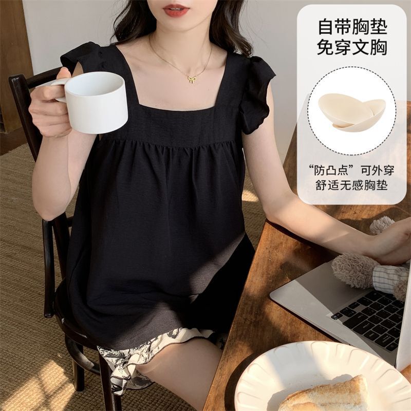 Women's Summer Pajamas with Breast Pads, Cloud Cotton Camisole Shorts, Thin Summer Style, Can Be Worn Outside, Summer Home Clothes Women's Summer Pajamas with Breast Pads, Cloud Cotton Camisole Shorts, Thin Summer Style, Can Be Worn Outside, Summer Home Clothes