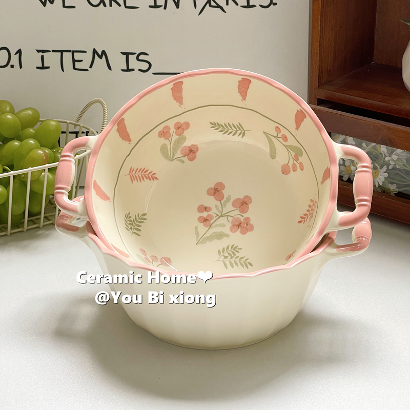 Pink Ocean-Style Double-Handle Soup Bowl for Home Use, 2025 New Model Soup Bowl, Bowl for Eating Instant Noodles, Underglaze Colored Bowl, Large Bowl with Double Handles Pink Ocean-Style Double-Handle Soup Bowl for Home Use, 2025 New Model Soup Bowl, Bowl for Eating Instant Noodles, Underglaze Colored Bowl, Large Bowl with Double Handles