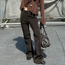 MMFISH时髦街头复古做旧铆钉微喇休闲裤仿PU修身麂皮绒长裤25K593