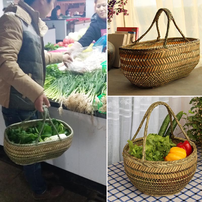 Handmade bamboo rattan weaving portable vegetable basket storage basket egg fruit basket shopping portable round basket bamboo basket