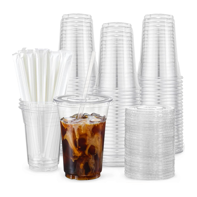 Vaso de Plástico Desechable para Llevar de PET con Tapa y Pajita, Personalizable para Cafetería y Bebidas Frías