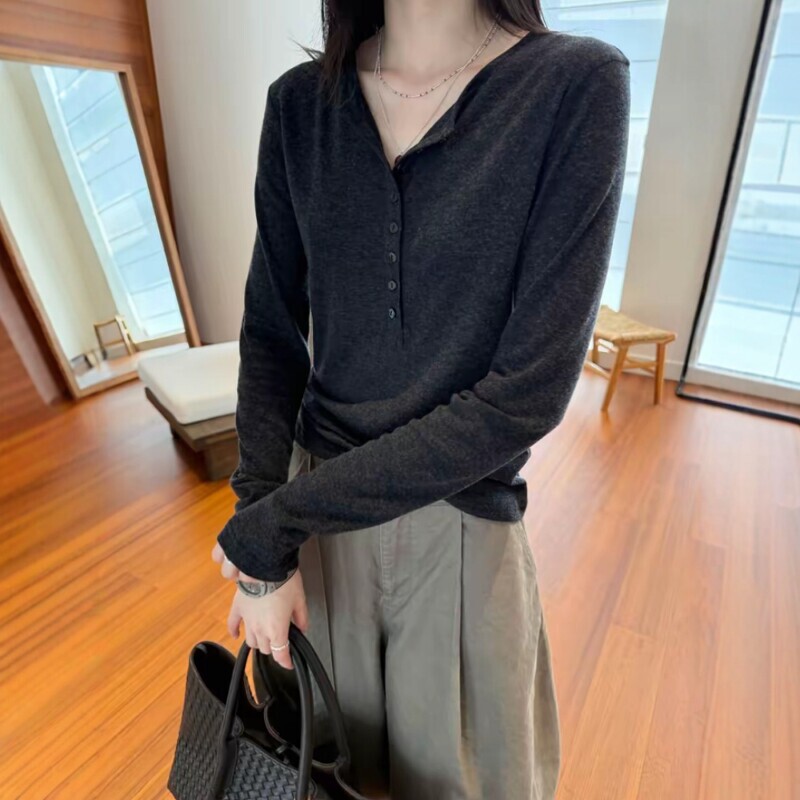 High-End Solid Color Half-Open Collar Long-Sleeve T-Shirt for Women, Spring Season, Plus-Size, Slimming, Loose-Fitting, Versatile Base Shirt Top