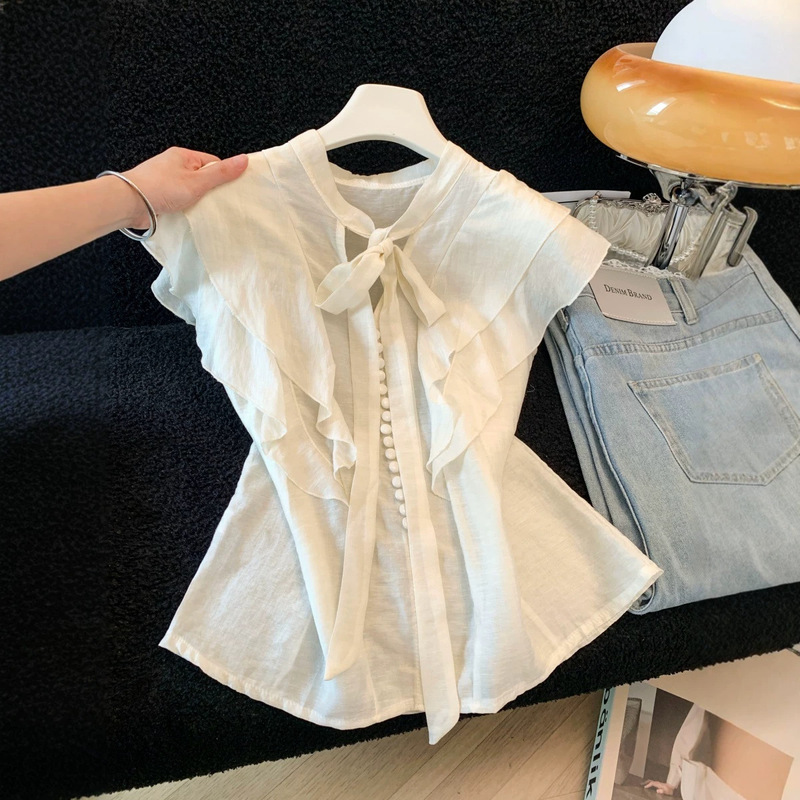 Real Shot of Korean-Style Sweet and Elegant Ruffled Bow-Tie Collared Shirt for Women, Unique and Beautiful Top for Summer 2026 Real Shot of Korean-Style Sweet and Elegant Ruffled Bow-Tie Collared Shirt for Women, Unique and Beautiful Top for Summer 2026