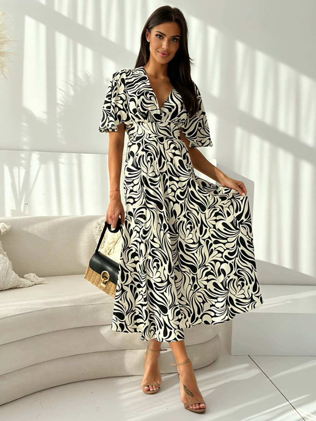 Women s Regular Dress Vacation V Neck Printing Short Sleeve Printing Midi Dress Holiday Beach