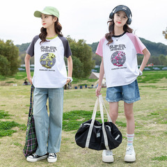 2024年夏季卡通圖中大童套裝圓領短袖短褲兩件套運動風格一件代發