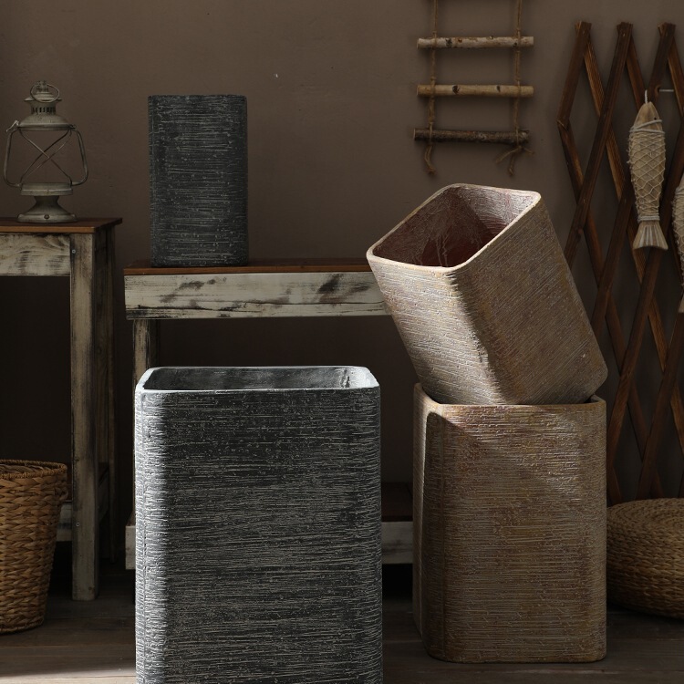 Wabi-Sabi Style High Square Magnesium Clay Floor-Standing Large Flower Pot with Rustic Ceramic Surface, Vintage Distressed Finish, Suitable for Living Room and Balcony Green Plants