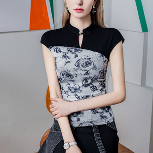New Chinese Style Vertical Collar Button Printed Patchwork Top Women's Sleeveless 2024 Spring and Summer New Mesh Sleeve Base Shirt Summer