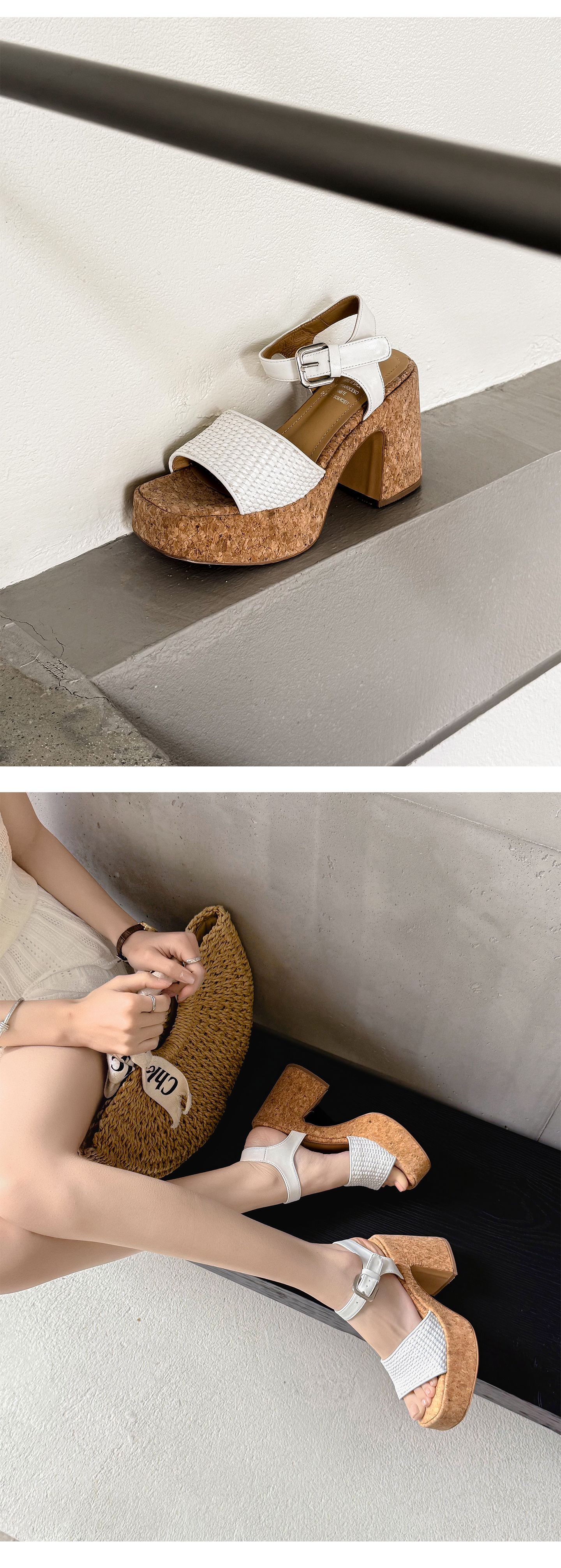 Sandal nữ quai ngang đan dây, đế dày, gót thô cao, hở mũi phong cách nghỉ dưỡng — màu trắng ngà, màu mơ chi tiết 16