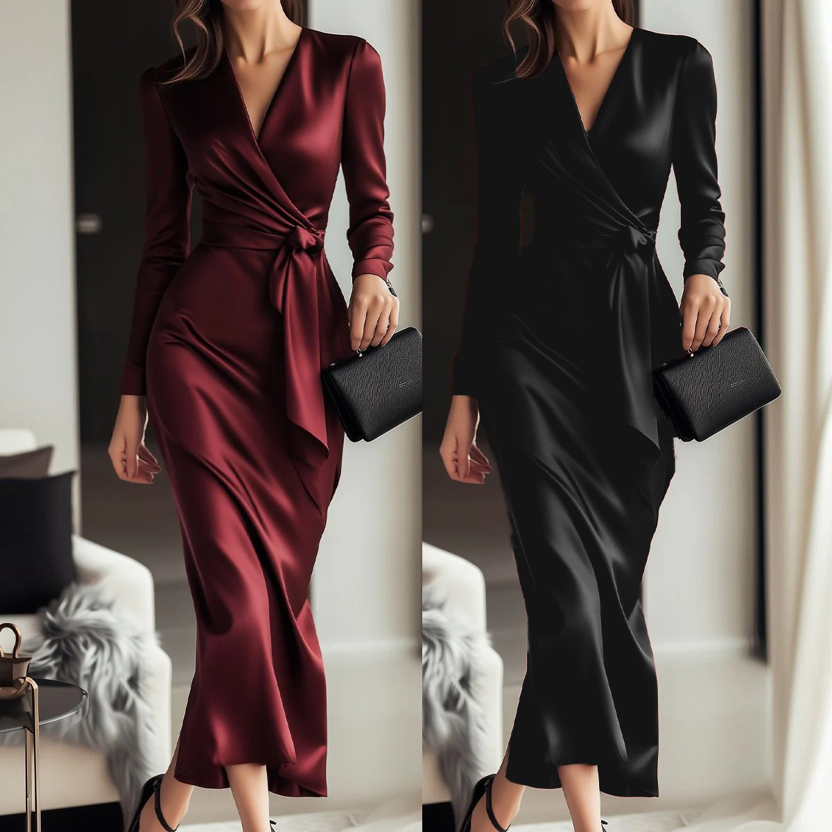European and American New Amazon Women's Mid-Length Evening Dress Deep V Neck Satin Waist Evening Dress