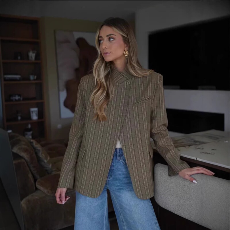 Amazon's Best-Selling Olive Green Plaid Asymmetrical Suit, Stand-Up Collar, Waist-Cinching, Loose-Fitting Jacket, Cross-Border Women's Clothing