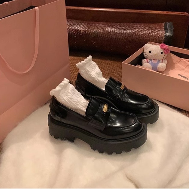 Grape Mom's Same Style, Noble Small Gold Coin, Round-Toe Leather Shoes, Thick-Heeled Thick-Soled Flats, One-Leg Loafers for Women, Spring & Fall