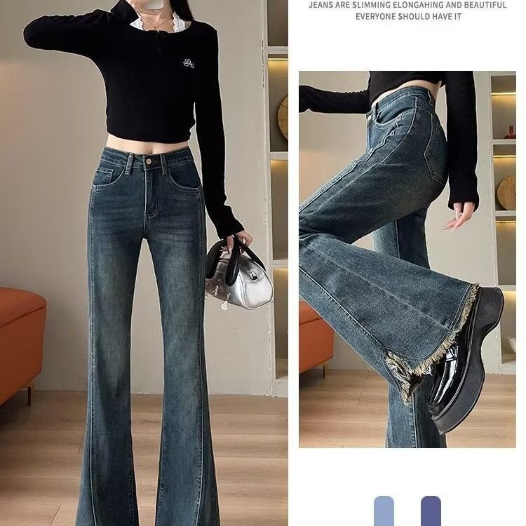 Cement Gray Flared Jeans for Women, Autumn 2025 New High-Waisted Slim-Fit Petite Retro Cropped Bell-Bottom Pants