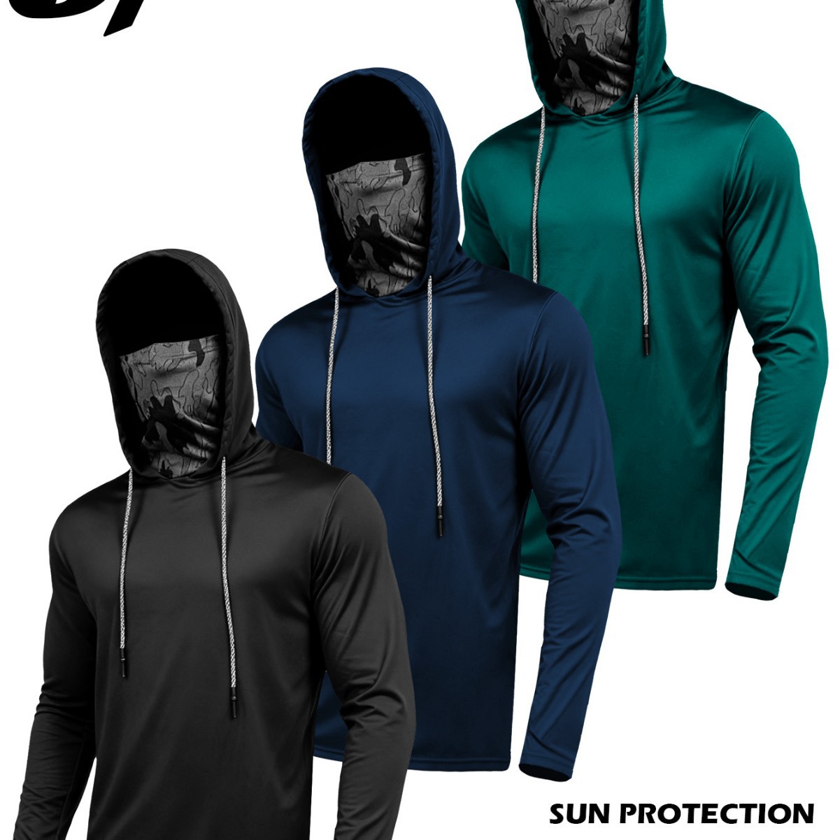 Cross-Border Hot-Selling Men's Sports Quick-Drying Hooded Non-Removable Face Mask with Sun Protection and Long Sleeves, Suitable for Fishing and Running