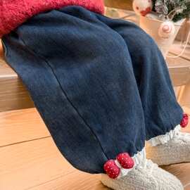 女童加绒牛仔裤秋冬装2025新款儿童冬季一体绒花苞裤子宝宝长裤潮