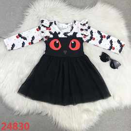 欧美精品店童装外贸批发万圣节黑色蝙蝠女孩可爱长袖连衣裙