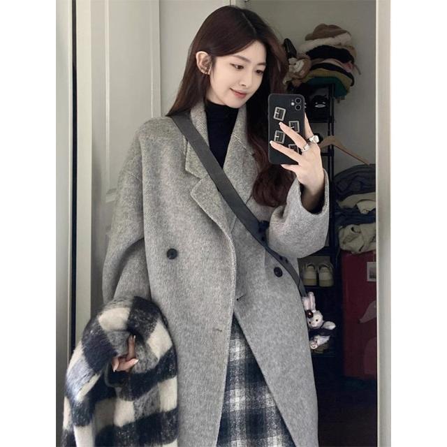 2025秋冬高级感灰色毛呢外套女小个子大衣中长款加厚