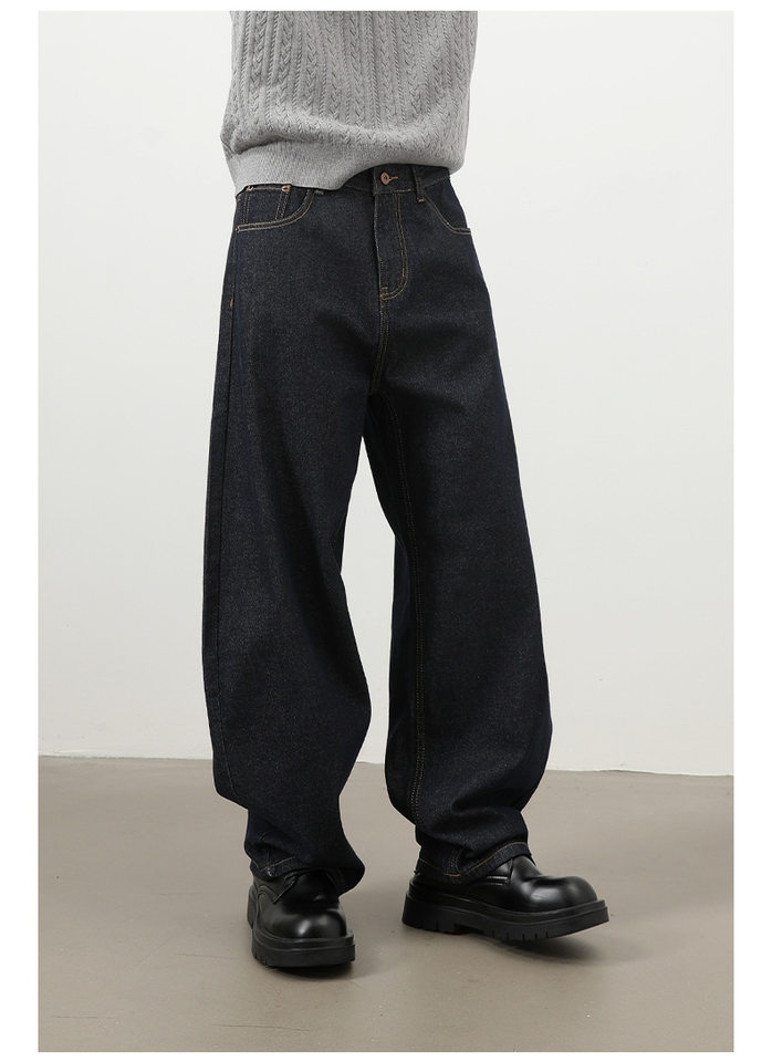 Quần jeans nam ống rộng dáng suông phong cách Mỹ, jean bò nguyên bản, lưng giữa, túi khóa kéo — Denim đen, Trắng, lâu, màu xanh chi tiết 17