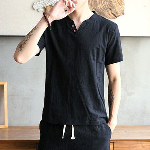 リネン半袖tシャツメンズ夏ラウンドネックトレンドゆるいtシャツ薄いハーフスリーブ綿麻刺繍麻布トップス|undefined