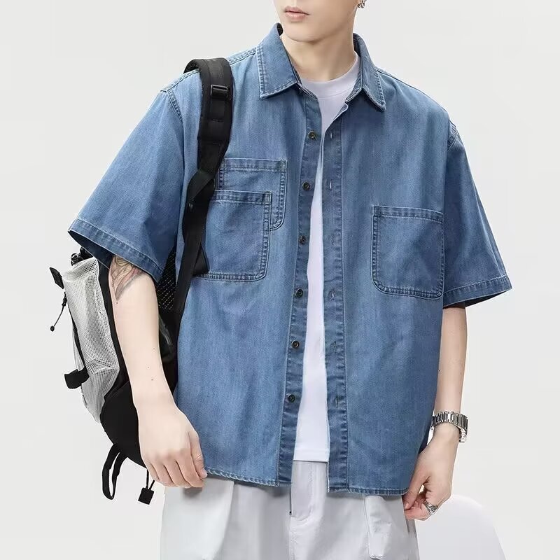 Denim short-sleeved shirt men's high-end sense wear handsome 2024 summer new super brand loose American coat men Denim short-sleeved shirt men's high-end sense wear handsome 2024 summer new super brand loose American coat men