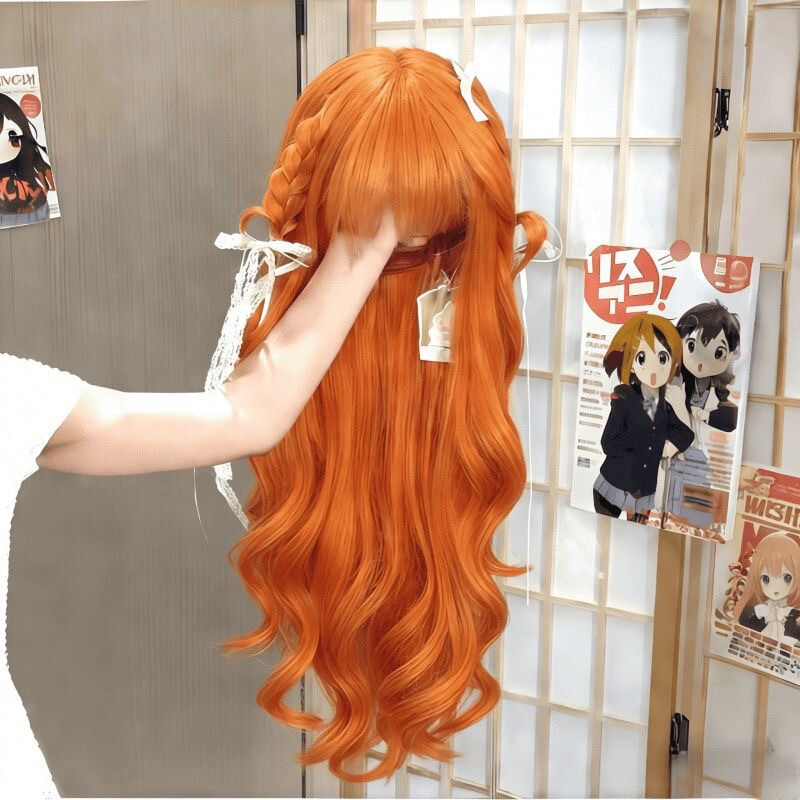 Orange Long Curly Wig with Bangs, Energetic Orange Lolita Style, Large Waves, Natural Realistic Full Wig