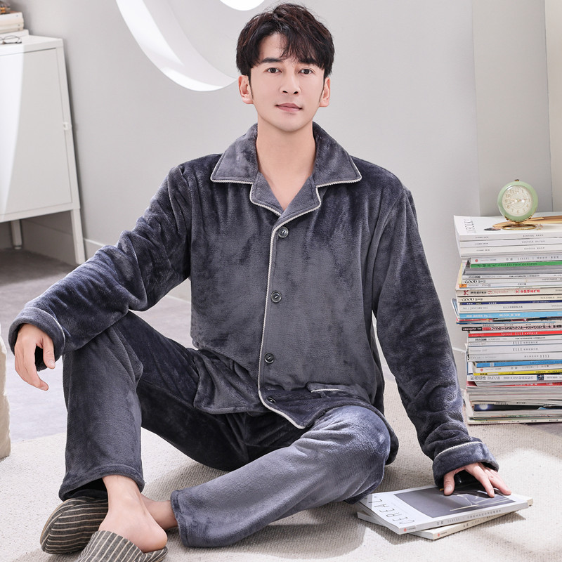 Pijamas de lana de coral coreana para hombres otoño y invierno engrosados franela se pueden usar cardigan de manga larga de invierno conjunto de ropa para el hogar