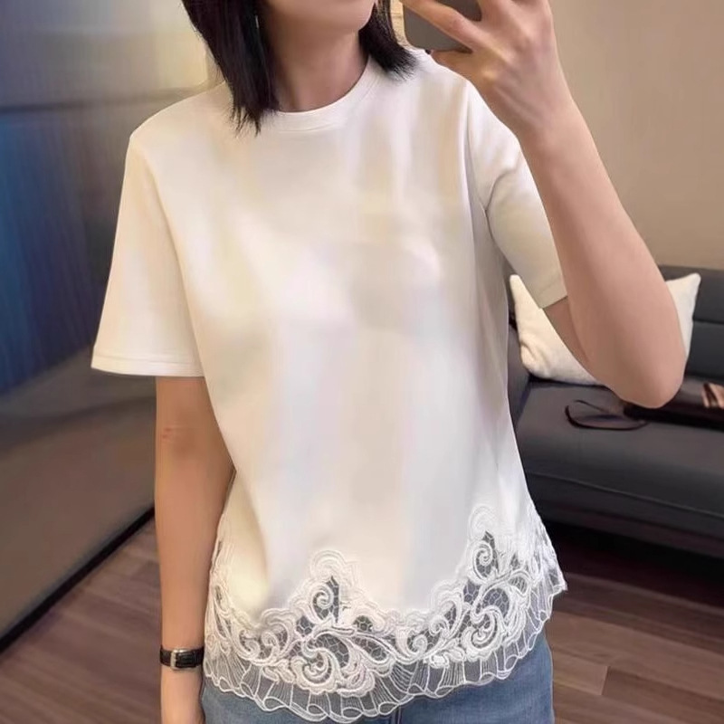 Lace Stitching White Short-sleeved T-shirt Women's 2025 New Summer Round Neck Design Beautiful Unique Chic Top