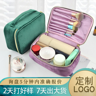 跨境绒布化妆包带笔刷套大容量便携式丝绒化妆品包包护肤品收纳包