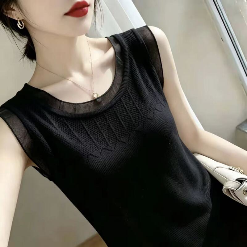Black Lace-Trimmed Knit Vest for Women, 2026 Summer New Style, Ice Silk Breathable Loose Fit Slimming Sleeveless Base Shirt