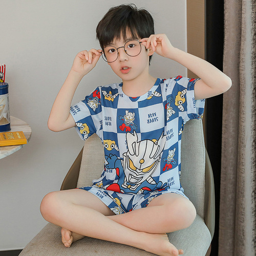 Children's Pajamas Boys Summer Ice Silk Boys Simulated Silk New Thin Medium and Large Children's Short-Sleeved Home Clothes Set