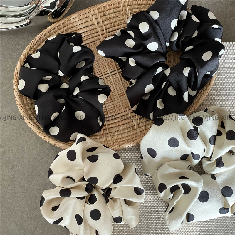 Elegant Black And White Polka Dot Satin Scrunchie For Hair_voghion.com