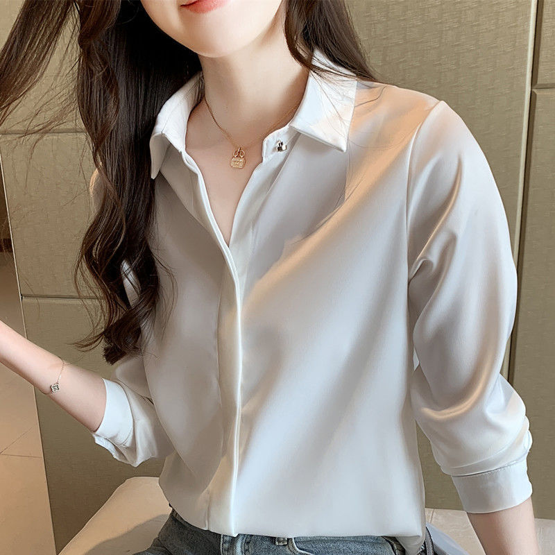 杭州のシルクのシャツの女性の長袖の春秋服の新型の绢糸の上着の白い職業は底のシャツの女性を詰めます。|undefined