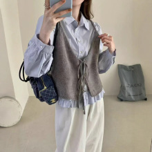 早秋针织马甲女学院风前后两面穿系带叠穿羊毛混纺针织马甲女