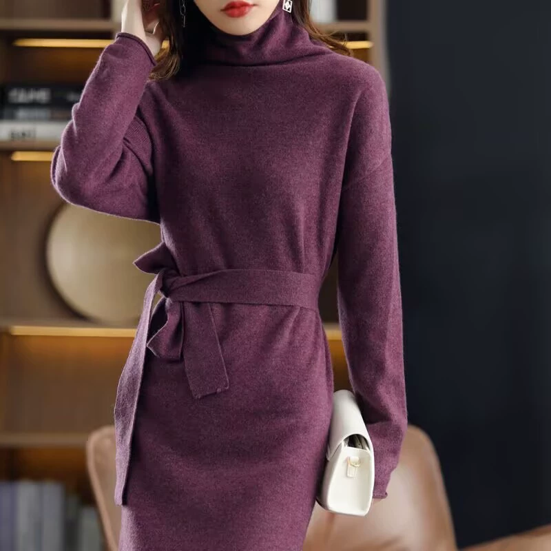 Осень и зима Новый 100 шерсть сплошной цвет высокий воротник ворс воротник длинное вязаное платье пояс Темперамент Талия база
