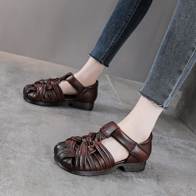 Sandal da thật bít mũi nữ kiểu La Mã đế mềm thoải mái — Màu caramel