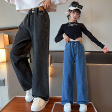 女童贴标牛仔阔腿裤2025秋冬外贸批发女中大童韩版休闲裤儿童潮范