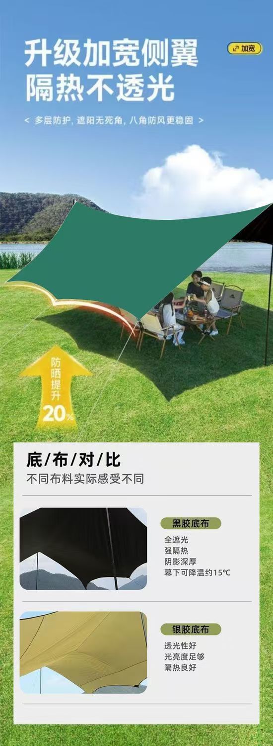 Forest Bee Green Canopy Tent Outdoor Silver-coated Black Vinyl Camping Sunshade Portable 6-15 Person Butterfly-shaped Sunshade