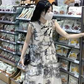 新中式旗袍连衣裙女夏季江南水墨画高级感小个子飞飞袖气质裙子女