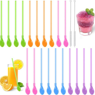 20Pcs Colorful Straw Spoon Set with Cleaning Brush Reusable All-In-One Dual-Purpose Mixing Spoon