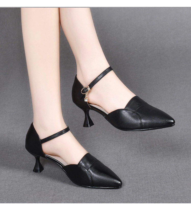 Xăng đan nữ mũi nhọn da thật quai ngang gót nhỏ 3 cm — Gót đen cao 3 cm chi tiết 12