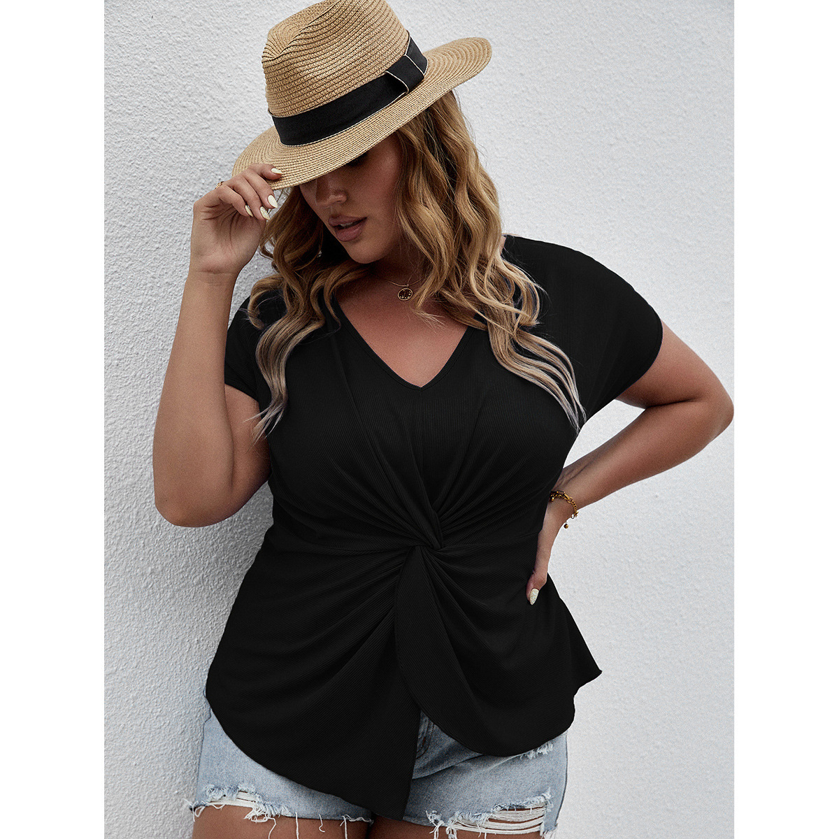 HY36061307#欧美大码纯色开叉不规则边V领女T恤2022跨境女装货源